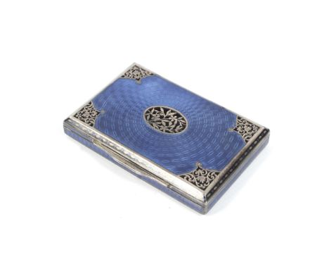 An Austro-Hungarian .900 standard silver and blue guilloche enamelled rectangular box. The hinged cover with floral-pierced p