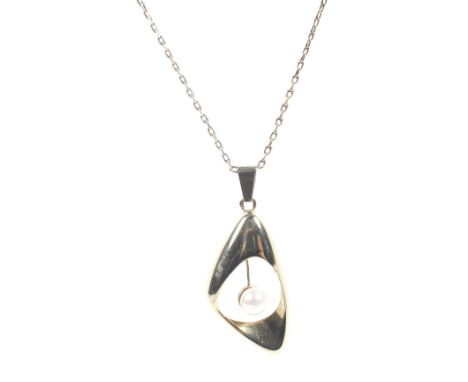 A vintage Continental gold and cultured-pearl triangular pendant and chain. The pendant of open abstract form with a central 