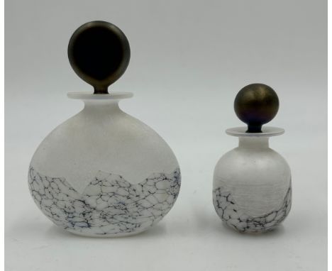 Isle of Wight studio glass from the 'Bon Bon Liquorice' collection to include a flask perfume bottle with a black stopper 12c