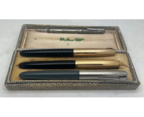 Three vintage Parker fountain pens together with a rhodium plated Yard-O- Lead pencil. 