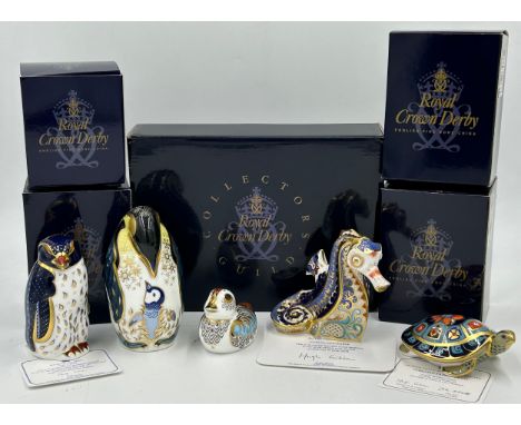 Five Royal Crown Derby Paperweights to include Duckling in a Members Guild box, Rock hopper Penguin special anniversary editi
