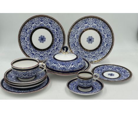 A collection of 19thC Royal Worcester 'Royal Lily' cobalt blue items to include Muffin Dish with lid 22.5 cm, 2 x plates 23.5