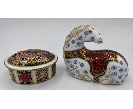 Royal Crown Derby Imari Horse paperweight together with an Imari lidded trinket box, gold stopper. Horse 10cm h.  (2) 