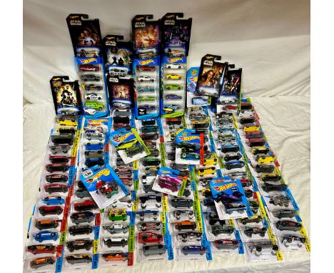 Carded Mattel Hot Wheels diecast models, including Star Wars, HW Race, HW City, HW Workshop, HW Off Road, Batman Live! Batmob