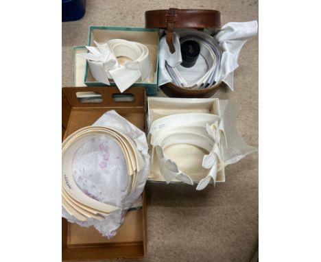 A leather collar box, leather studs box and a quantity of starched vintage leather collars. 