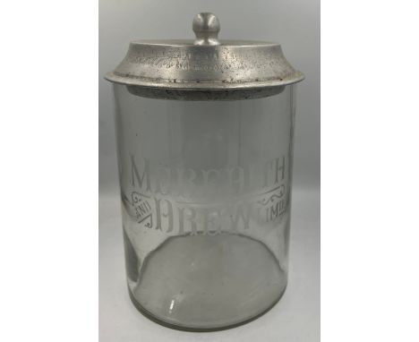 A vintage glass and metal biscuit container from Meredith and Drew Limited. Company name etched into glass. 21.5cm h. 