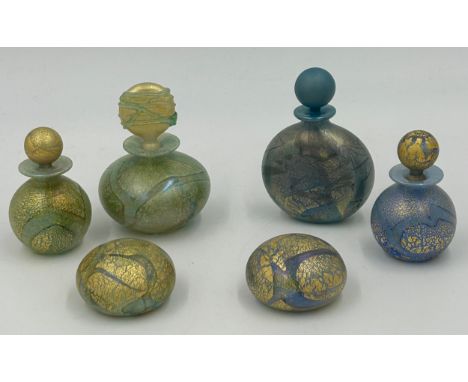 Isle of Wight studio glass designed by Timothy Harris 'Golden Peacock' green collection to include small squat perfume bottle