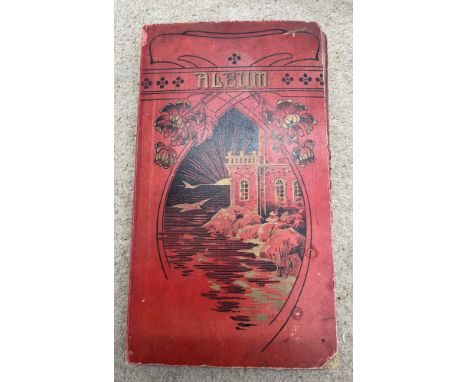 An Edwardian postcard album containing a variety of subjects, Scarborough Wreck of Spa Wall and others, Hull trawler Victims 