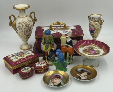 Continental 20thC porcelain to include 3 x hand painted lidded boxes with gilt metal mounts, a Dresden lidded box with hand p