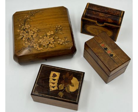 A selection of four wooden boxes to include 3 x Playing card holders inlaid and decorated with flowers and cards 19cm x 20cm 