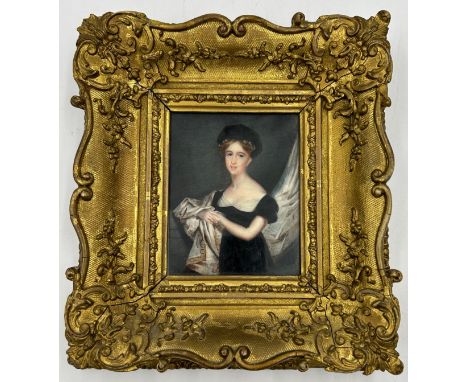 Portrait miniature of a lady in a black dress and black hat on ivory.Visible image 12.5 x 10cm. Gilt frame 26 x 23.5cm.This i