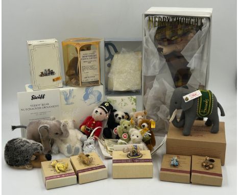 A selection of miniature Steiff Animals to include 12cm h Teddy Bear Nutcracker Ornament limited edition 760/1500 in box, Ele