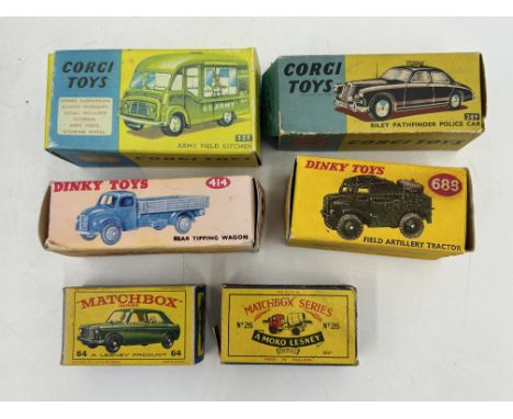 Boxed Dinky diecast collection: model 209 Riley Pathfinder Police Car, 688 Field Artillery Tractor, 359 Army Field Kitchen, 4