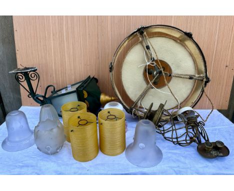 A quantity of vintage lighting to include glass shades, street lamp, ceiling drop light fitting 46cm diameter and a brass twi