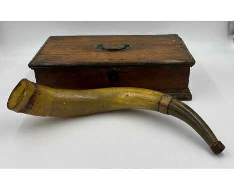 An animal bugle horn part metal mounted 38cm l together with a Victorian hinged box with green baize lining 40cm x 22cm x 10c