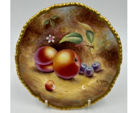 A Royal Worcester side plate decorated with apples, plums and cherries on a moss background with shaped gilt edge 15cm d sign