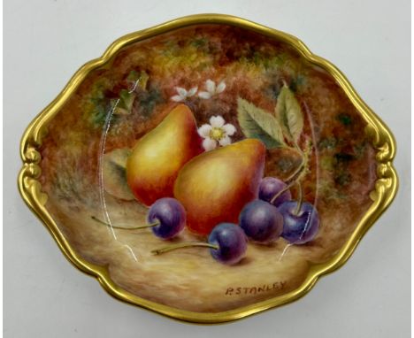 A Royal Worcester trinket dish decorated with pears and cherries on a moss background with shaped gilt edge 11.5cm x 9.5cm si