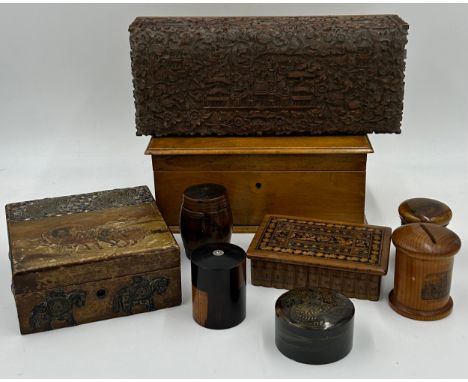 A collection of boxes to include a round Tortoiseshell  trinket box, a Money Box with London scene, Barrel with contents and 