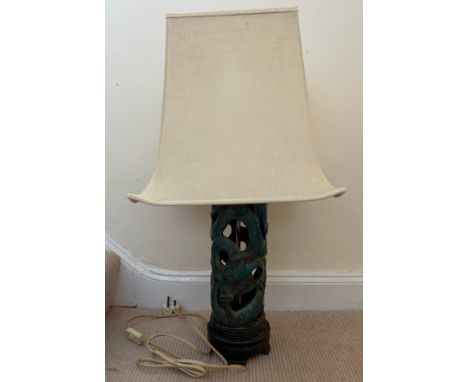 Mid 20thC Ceramic Lamp with green dragon design 43cm h to include a square cream shade 77cm h in total. 