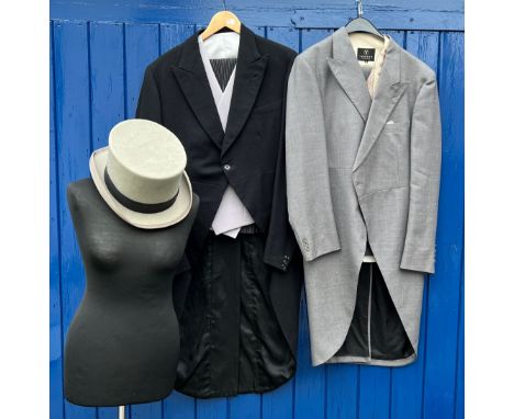 Two vintage gentleman’s tail suits both with waistcoats and trousers together with a grey felt top hat size 7 3/8ths. 
