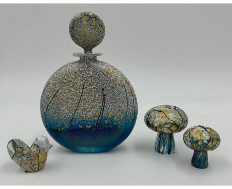 Isle of Wight studio glass 'Golden Rain' designed by Timothy Harris to include large flask perfume bottle 16cm h with stopper