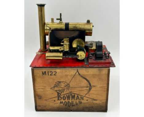A Bowmans Stationary Live Steam Engine Model mounted on a metal plate 28cm x 23cm with original wooden box M122 Bowman Models