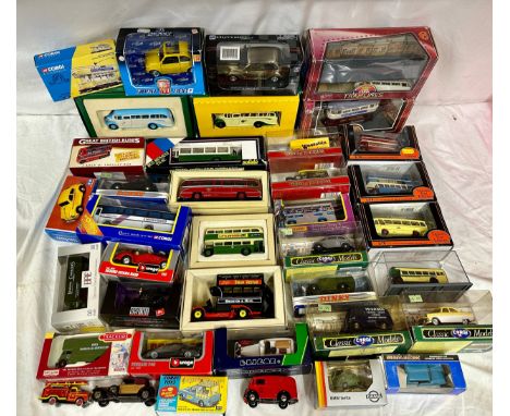 An assortment of diecast models, the majority boxed  to include Corgi buses, 3 x Gilbow Exclusive First Editions, Solido, Bur