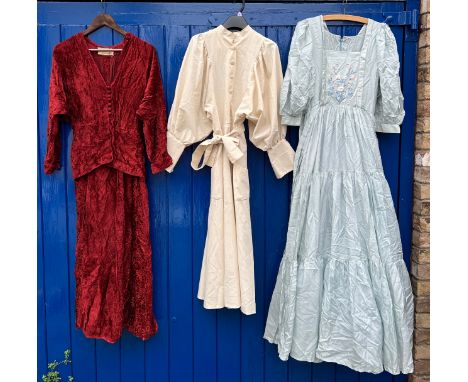 Vintage costume to include silk Droopy &amp; Browns York cream button through dress marked size 14, pale blue silk Droopy &am