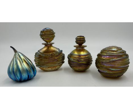 Timothy Harris for Isle of Wight Glass, a collection of glass consisting of: a Night Sea Gold flask perfume bottle, unsigned,