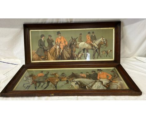 Two early 20thC hunting prints in oak frames.  Image size 25 x 68cm. 