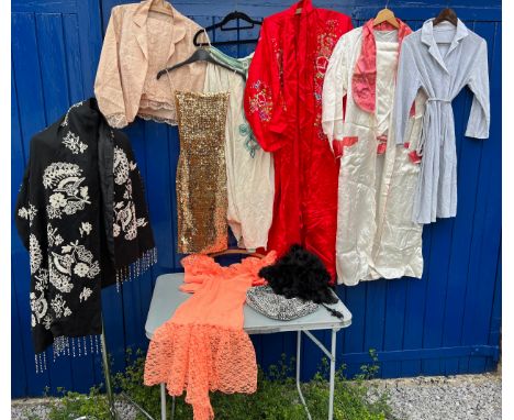 Vintage costume to include sequin strapless dress, silk embroidered kimono, swansdown shawl, lace skirt and top. Lurex dress 