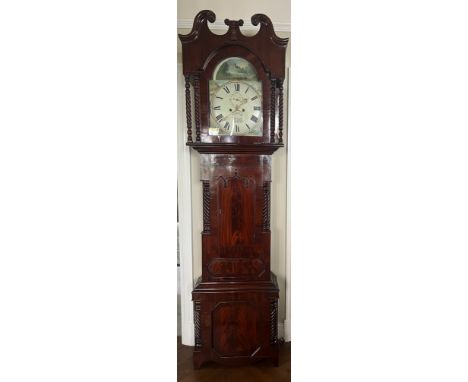 A 19thC mahogany Yorkshire longcase clock, painted face and subsidiary seconds dial with date aperture. D. Dickenson, Skipton