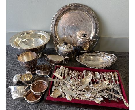 Silverplate items to include Community cutlery, Oneida punch bowl with 1 cup and ladle, teapots, coasters, bowls etc. Tray 43