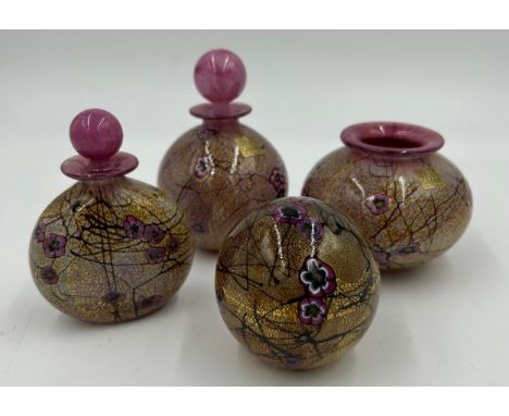 Isle of Wight studio glass Garden Collection 'Cherry Blossom' by Timothy Harris to include small squat vase 8cm h signed to b