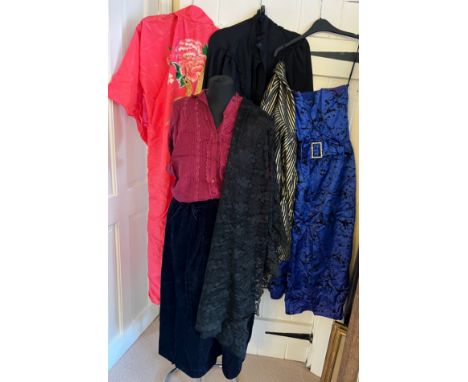 A quantity of vintage costume to include Cenci silk blouse, Byblos skirt, Nicki Ferrari evening dress, riva blouse, black lac
