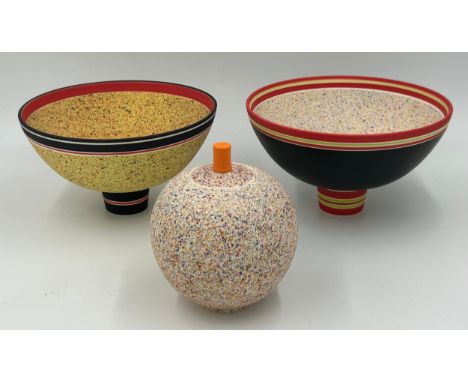 Graham Wilkinson ceramics to include a large flecked bowl on foot in black/red/green/blue/cream 12cm h x 20cm d incised GW to