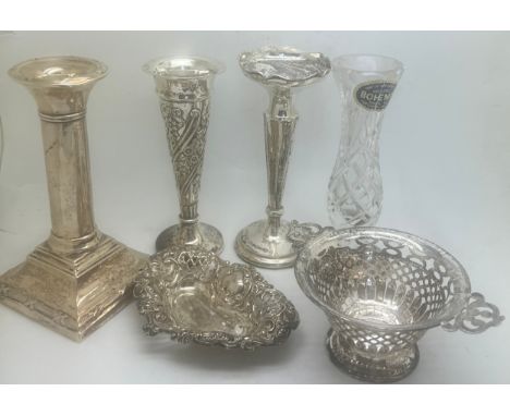 Silver to include three weighted vases, candlestick with weighted base 13cm h. and two dishes. Various dates and makers. Weig
