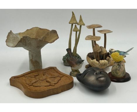 A miscellany of items to include a studio pottery dish on a pedestal base 13cm h, a carved wooden Yorkshire Rose wall plaque,