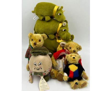 A collection of Merrythought Toys to include 3 x Hippos in various sizes the largest 47cm, Humpty Dumpty, 'Barton' 353/500 li