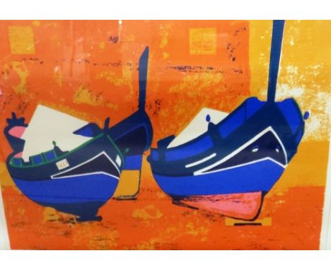 * Geoffrey Elliott (British, 1935 -), Malta: Boats on Red, lithograph, signed, inscribed and numbered 36/40, 44cm x 58.5cm.  