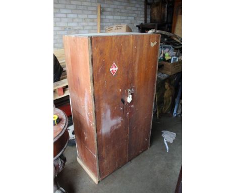 Wooden two door cupboard and contents of various hand tools, fittings, screws, drill bits etc. Qty)