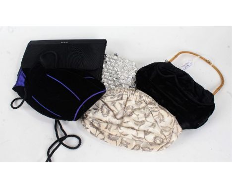 Blue scarf, with embroidered silver foliate thread decoration and beaded ends, black evening bag with internal powder compact