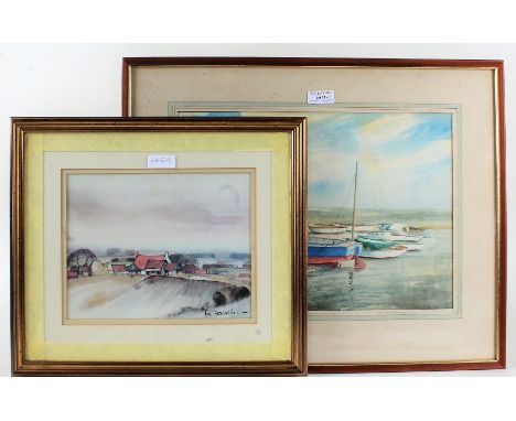 Peter Merrin, study of moored boats, signed watercolour, housed in a wooden and glazed frame, 37cm wide x 27cm high, together