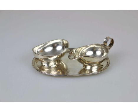 Zucker-Sahne-Set auf Tablett, 925er Silber, Willy Stoll (1907-1989), Leipzig, um 1930, Art Déco, 3-teilig, bestehend aus: Sah