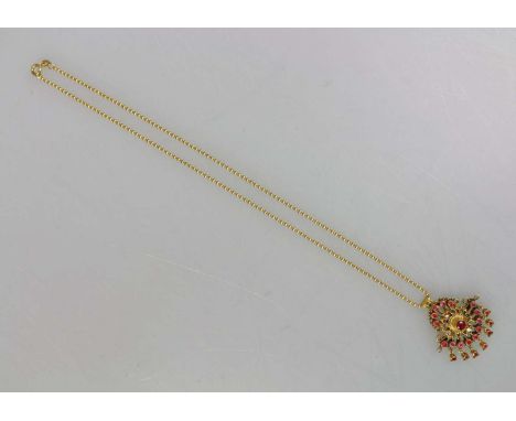 Kugelkette mit Edelstein-Anhänger, 750er Gelbgold, Kette gemarkt, Anhänger säuregetestet, Anhänger in der Art der Kundan-Tech
