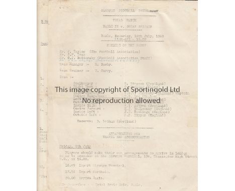 GB ITINERARY     GB Football itinerary for 1948 Olympic Games trial match, Basle v Great Britain 10/7/48, the itinerary lists