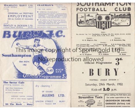 SOUTHAMPTON - BURY 51-2   Two programmes for the 51/2 games between Bury and Southampton. Both games had low attendances, , t