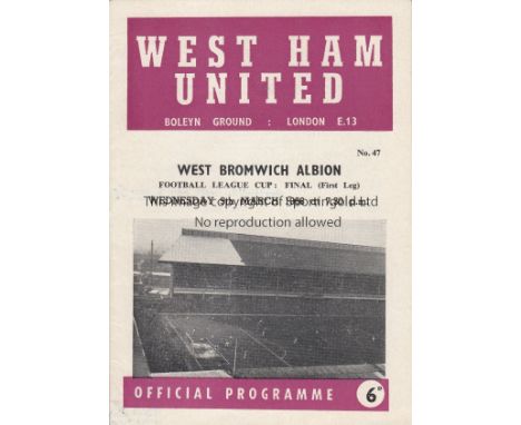 LEAGUE CUP FINAL 66  West Ham United home programme v West Brom, 9/3/66, League Cup Final, first leg. Scores, scorers etc not