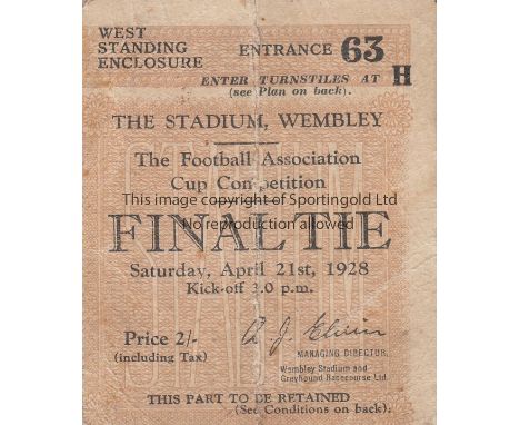 1928 FA CUP FINAL   Ticket  1928 Cup Final, West Standing Enclosure, slight creases , fold.  Fair-generally good