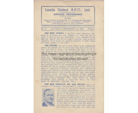 LEEDS - CHESTERFIELD 45   Scarce Leeds United home programme v Chesterfield, 1/9/45, slight fold and punch-holes excellently 
